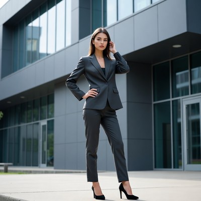 Woman in gray suit outside modern building