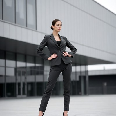 Woman in gray suit posing by building