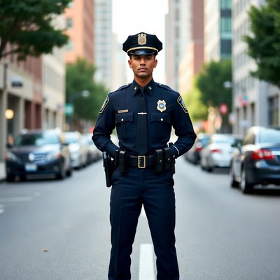 Policeman standing on urban street