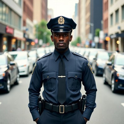 African-American police officer on city street