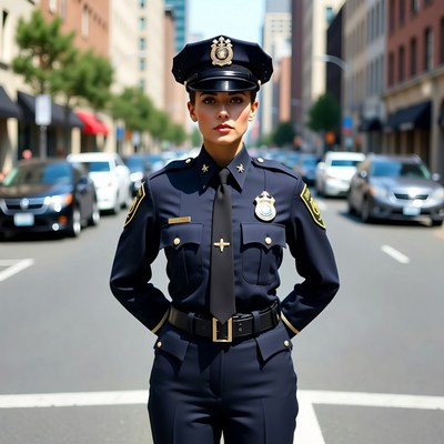 Female police officer standing in city street