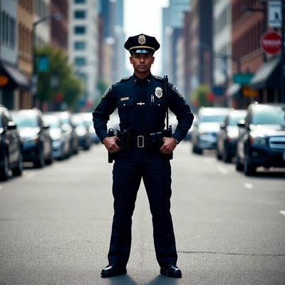 Policeman standing in city street