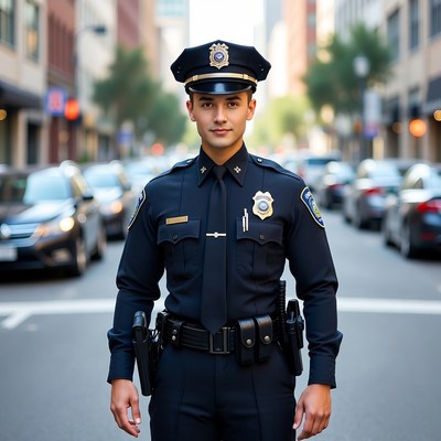 Latino police officer on city street