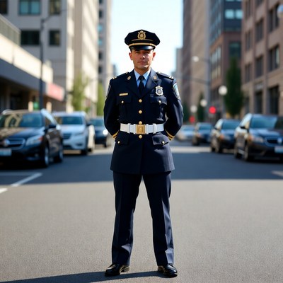 Latino police officer standing in city street