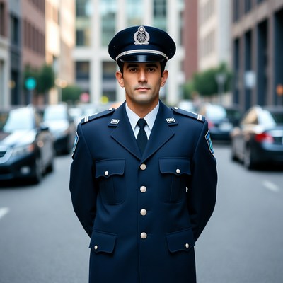 Policeman standing in city street