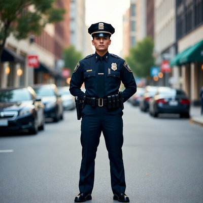Latino police officer standing on urban street