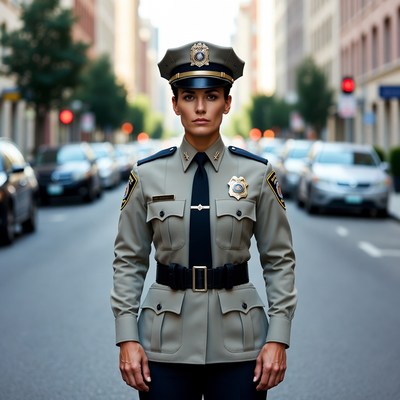 Female police officer standing in city street