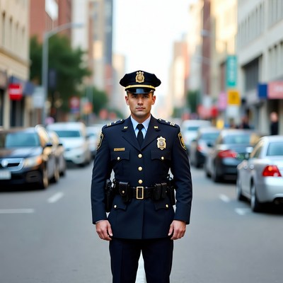 Policeman standing in urban street