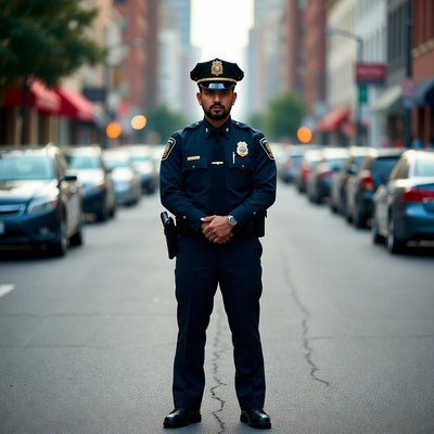 Latino police officer standing in urban street