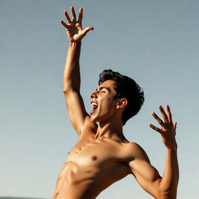 Shirtless man raising arms dramatically