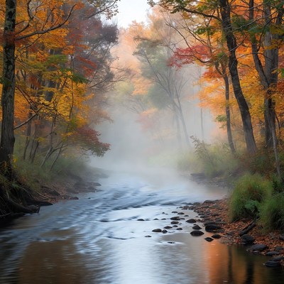 Autumn Forest River with Fog
