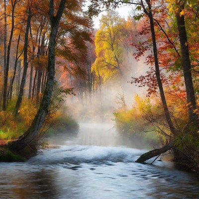 Autumn Forest River with Fog