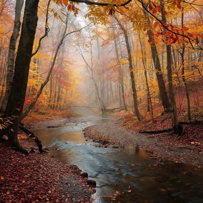 Autumn Forest Path with Misty Stream