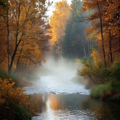 Autumn Forest River with Fog