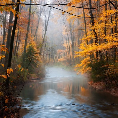 Autumn Forest with Misty River