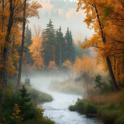 Autumn Forest River in Fog
