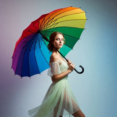 Woman holding rainbow umbrella