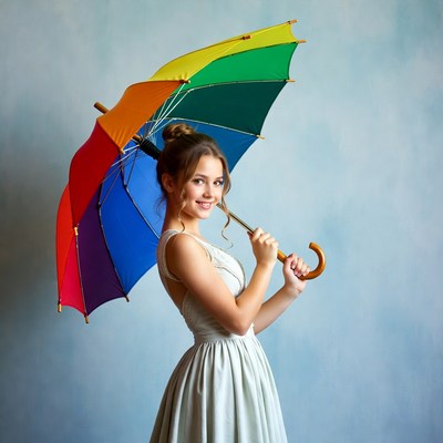 Girl holding rainbow umbrella