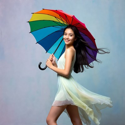 Asian girl holding rainbow umbrella