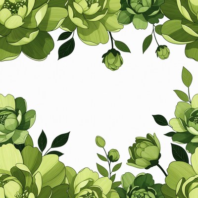 Green Peony Flowers Border Illustration