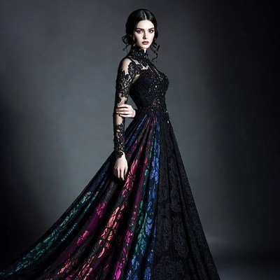 Woman in black lace evening gown