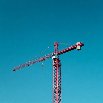 Red Construction Crane Against Blue Sky