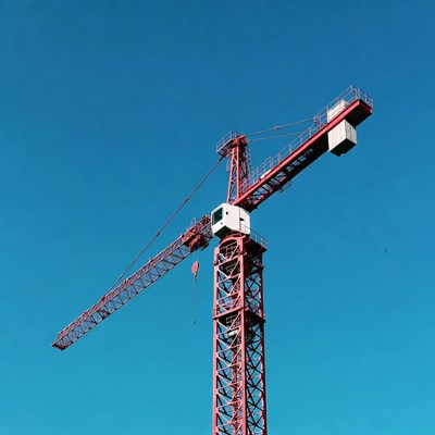Red Construction Crane Against Blue Sky