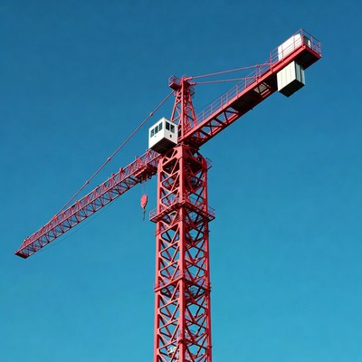 Red Tower Crane Against Blue Sky