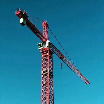 Red Tower Crane Against Blue Sky