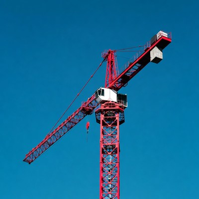 Red Tower Crane Against Blue Sky
