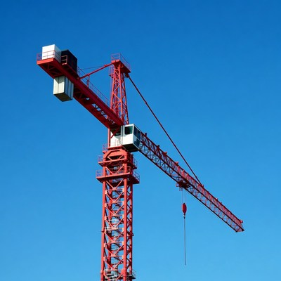 Red construction crane against blue sky