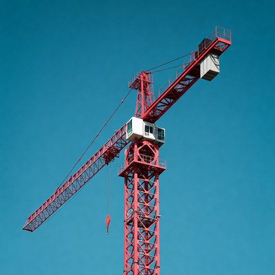 Red Tower Crane Against Blue Sky