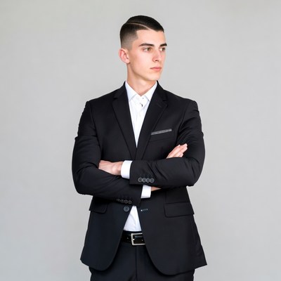 Young man in suit arms crossed
