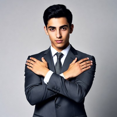 Young man arms crossed in suit