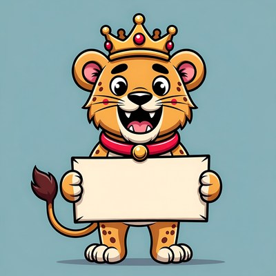 Cartoon lion cub holding blank sign