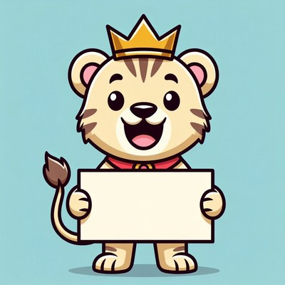 Cartoon lion cub holding blank sign