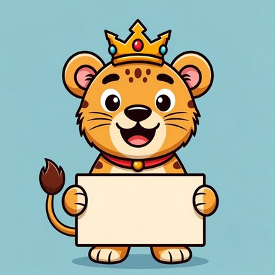 Cartoon lion cub holding blank sign
