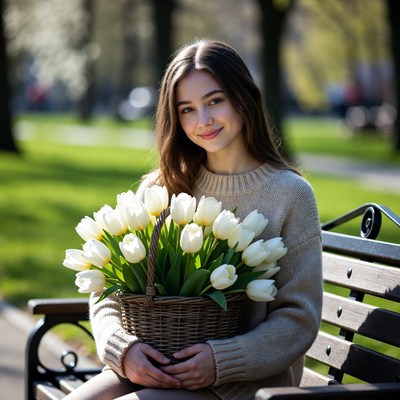 Girl holding white tulips on park bench