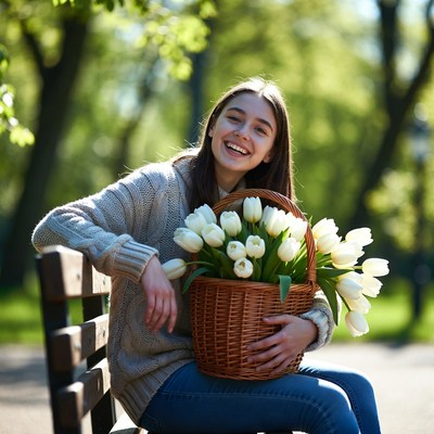 Young woman holding tulips on bench