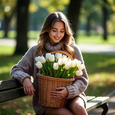 Woman holding tulips on park bench