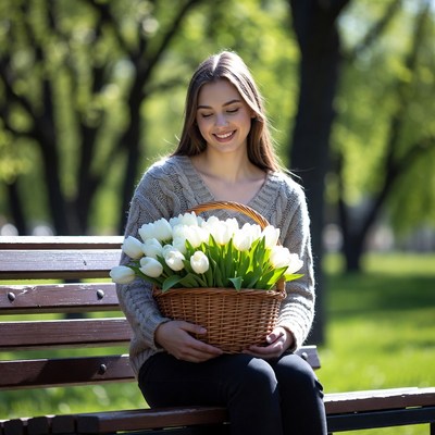 Young woman holding tulips on park bench