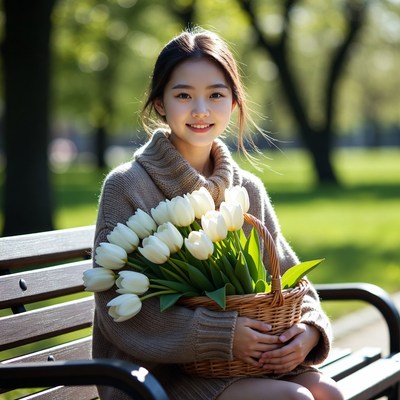 Asian girl holding white tulips on park bench