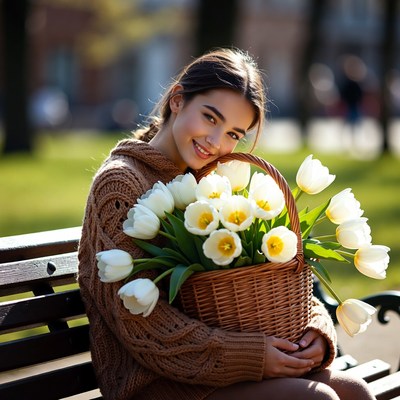 Young woman holding white tulips