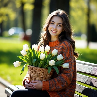Girl holding white tulips on park bench