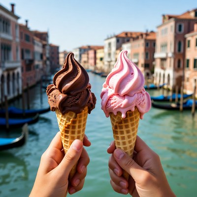 Hands Holding Chocolate and Pink Ice Cream Cones Venice