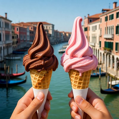 Hands Holding Chocolate and Strawberry Soft Serve in Venice