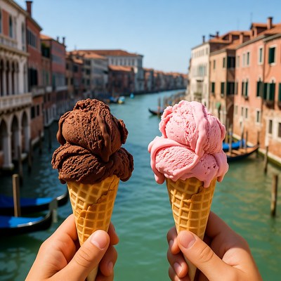Chocolate and Strawberry Ice Cream Cones Venice