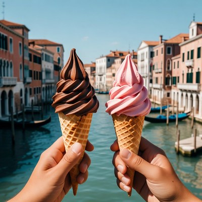 Hands Holding Chocolate and Pink Soft Serve Venice