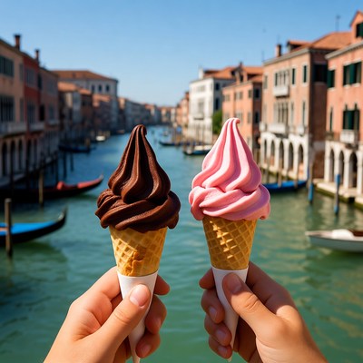 Chocolate and Strawberry Ice Cream Cones in Venice