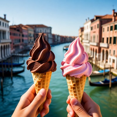 Hands Holding Chocolate and Pink Ice Cream Cones Venice
